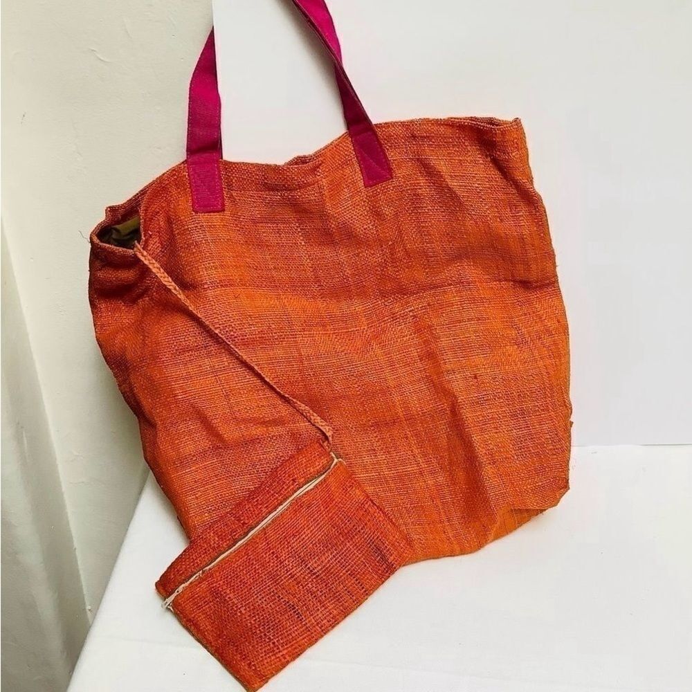 ADRIANA CARAS RAFFIA TOTE BAG -BEACH -VACATION BAG ORANGE OVERSIZED EUC